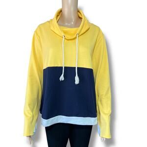 Boutique Womens Sweatshirt Pullover Drawstring Cowl Neck Colorblock Blue Yellow